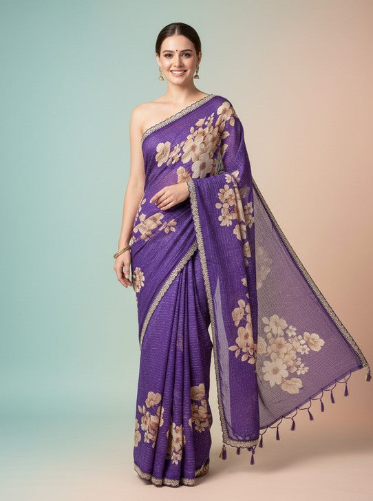 CHINON WITH MIROR WORK BORDER DIGITAL PRINT (SAREE1123)
