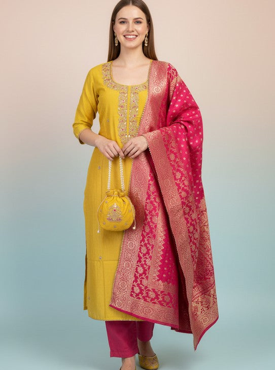 CHANDERI FABRIC SUIT WITH NECKLINE WORK DOLA DUPTTA JUTTI AND POTLI (SUIT1122)