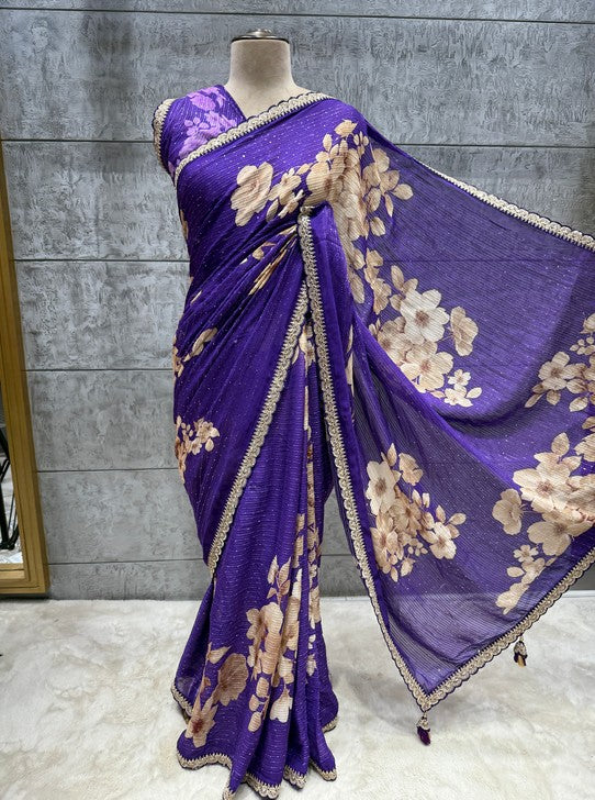 CHINON WITH MIROR WORK BORDER DIGITAL PRINT (SAREE1123)