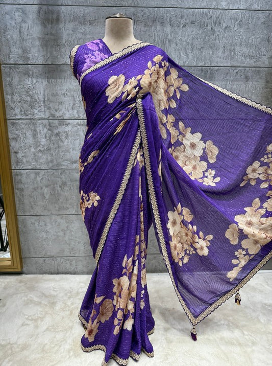 CHINON WITH MIROR WORK BORDER DIGITAL PRINT (SAREE1123)
