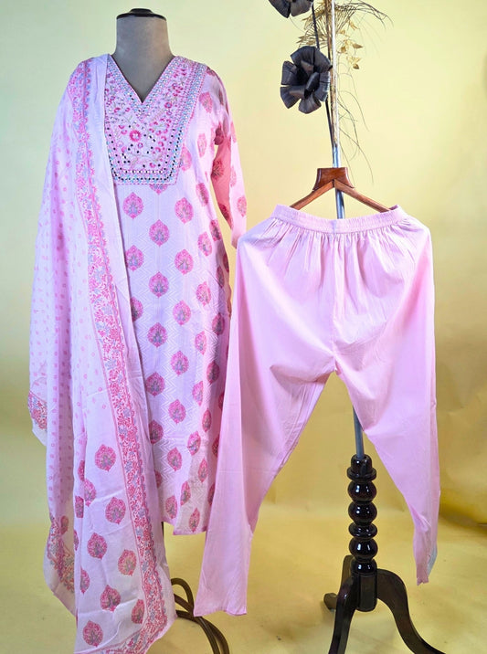 COTTON KURTI PANT SET WITH EMBROIDERY NECK LINE (KUR1055)