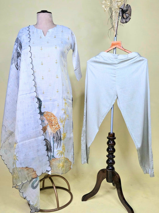 GREYISH GREEN COLOUR TISSUE COTTON KURTI WITH KNOT WORK OR COTTON PANT & TISSUE COTTON DUPATTA (KUR1033)