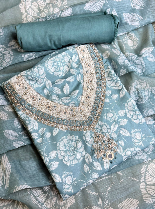 SEA GREEN COLOR JAAM COTTON WITH HAND RESHAM WORK LINEN DUPATTA ZARI BORDER (SUIT1013)
