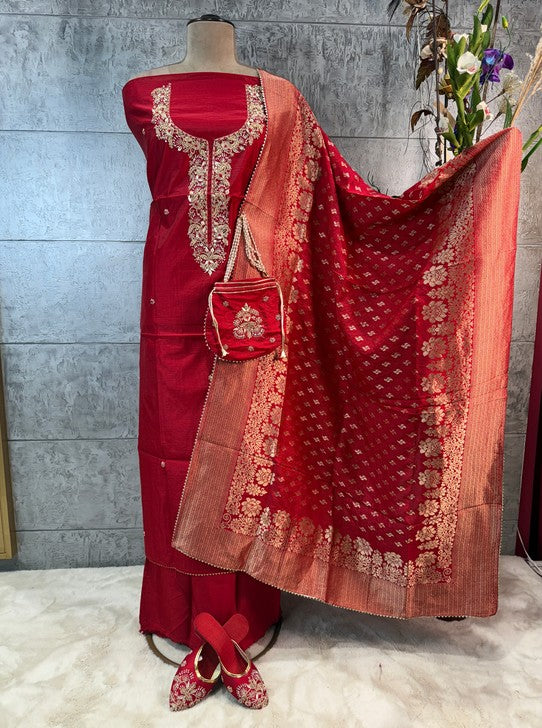 CHANDERI FABRIC SUIT WITH NECKLINE WORK DOLA DUPTTA  JUTTI AND POTLI (SUIT1121)
