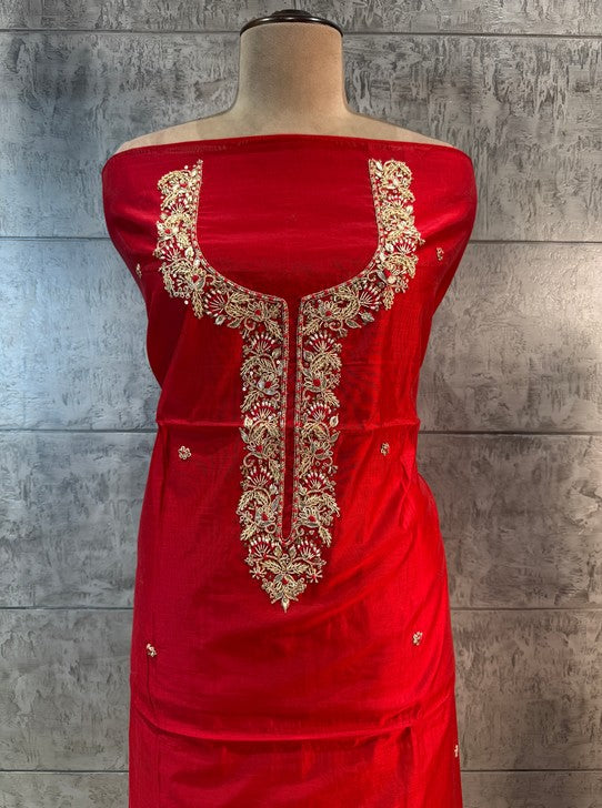 CHANDERI FABRIC SUIT WITH NECKLINE WORK DOLA DUPTTA  JUTTI AND POTLI (SUIT1121)