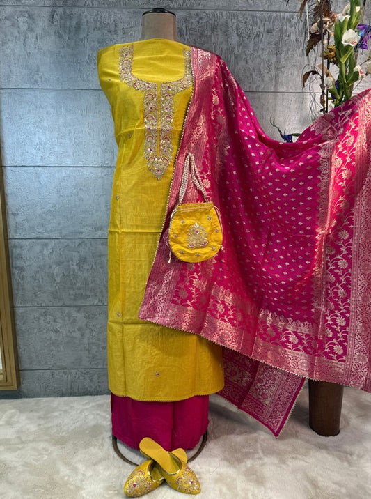 CHANDERI FABRIC SUIT WITH NECKLINE WORK DOLA DUPTTA  JUTTI AND POTLI (SUIT1122)