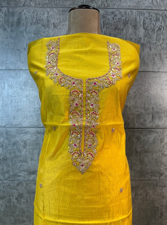 CHANDERI FABRIC SUIT WITH NECKLINE WORK DOLA DUPTTA  JUTTI AND POTLI (SUIT1122)