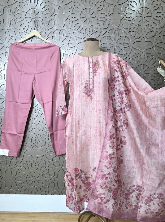 CHANDERI THREE PIECE SET WITH THREAD KNOT WORK (KURTI 1094)