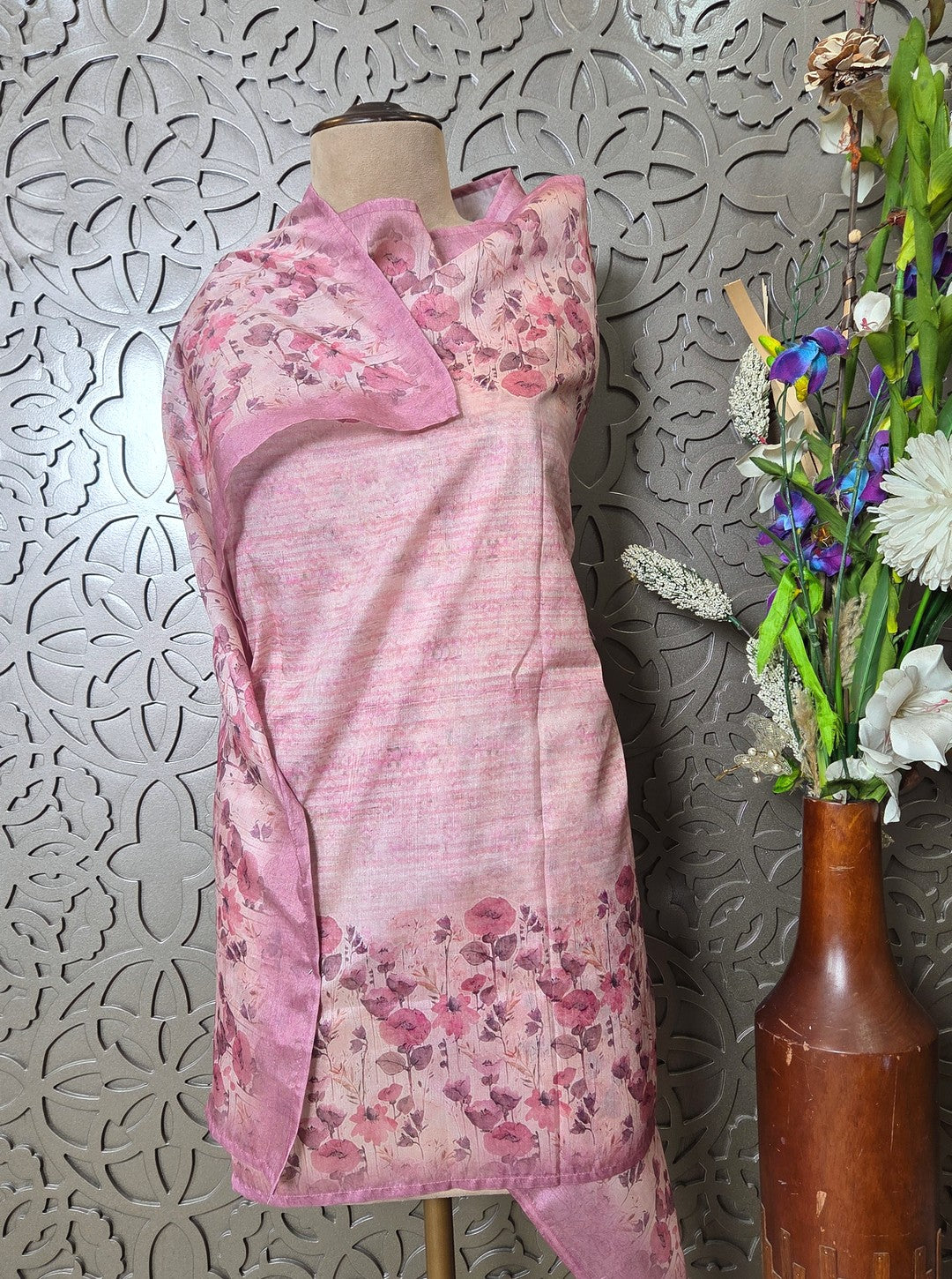 CHANDERI THREE PIECE SET WITH THREAD KNOT WORK (KURTI 1094)