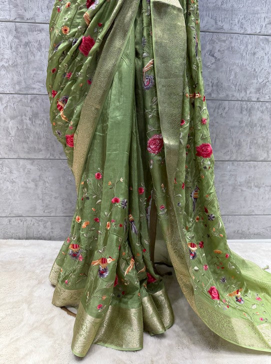 FABRIC CRAP WITH WEAVING BORDER PARSHI RESHAM EMBROIDARY JAAL (SAREE1125)
