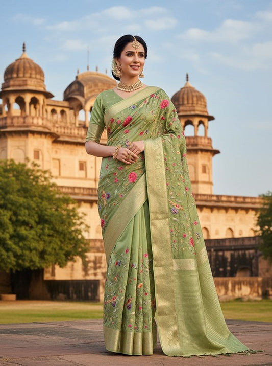FABRIC CRAP WITH WEAVING BORDER PARSHI RESHAM EMBROIDARY JAAL (SAREE1125)
