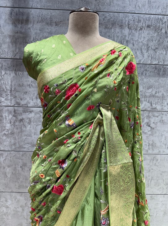 FABRIC CRAP WITH WEAVING BORDER PARSHI RESHAM EMBROIDARY JAAL (SAREE1125)