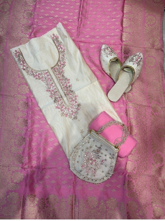 CHANDERI FABRIC SUIT WITH NECKLINE WORK DOLA DUPTTA  JUTTI AND POTLI (SUIT1120)