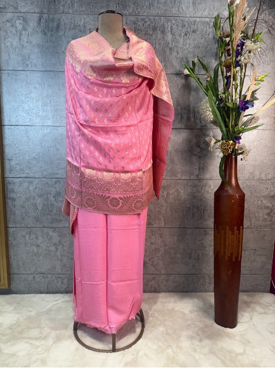 CHANDERI FABRIC SUIT WITH NECKLINE WORK DOLA DUPTTA  JUTTI AND POTLI (SUIT1120)