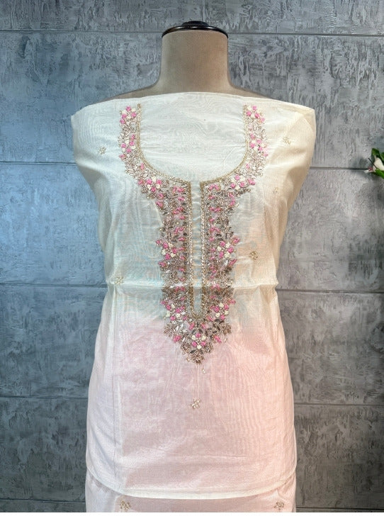 CHANDERI FABRIC SUIT WITH NECKLINE WORK DOLA DUPTTA  JUTTI AND POTLI (SUIT1120)