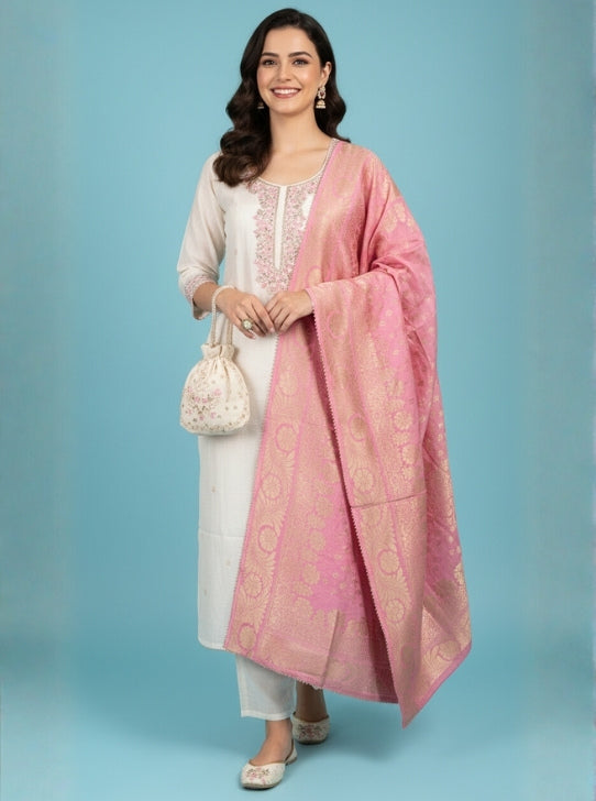 CHANDERI FABRIC SUIT WITH NECKLINE WORK DOLA DUPTTA  JUTTI AND POTLI (SUIT1120)