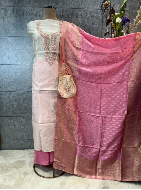 CHANDERI FABRIC SUIT WITH NECKLINE WORK DOLA DUPTTA  JUTTI AND POTLI (SUIT1120)