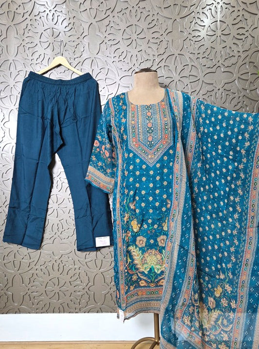 TISSUE FABRIC  THREE PIECE SET WITH V NECK EMBROIDRY (KURTI1098)