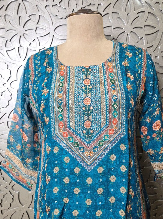TISSUE FABRIC  THREE PIECE SET WITH V NECK EMBROIDRY (KURTI1098)