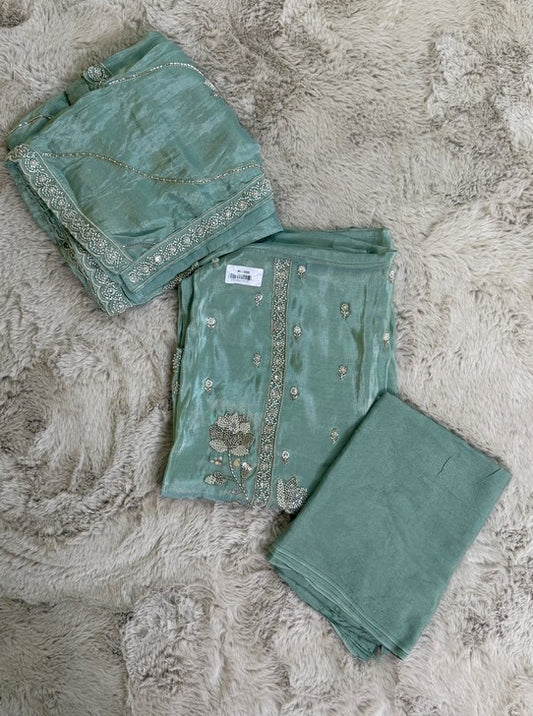 TISSUE GEORGETTE SHIRT AND DUPTTA SANTOON BOTTOM BEAT HANDWORK  WORK (SUIT1102)