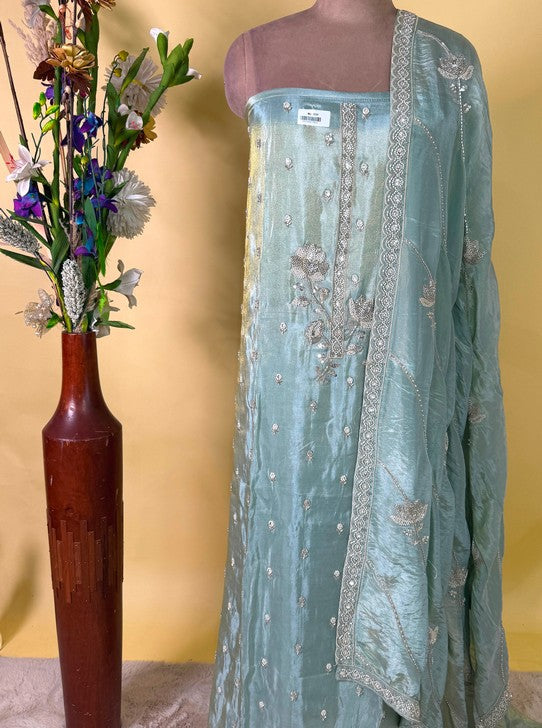 TISSUE GEORGETTE SHIRT AND DUPTTA SANTOON BOTTOM BEAT HANDWORK  WORK (SUIT1102)