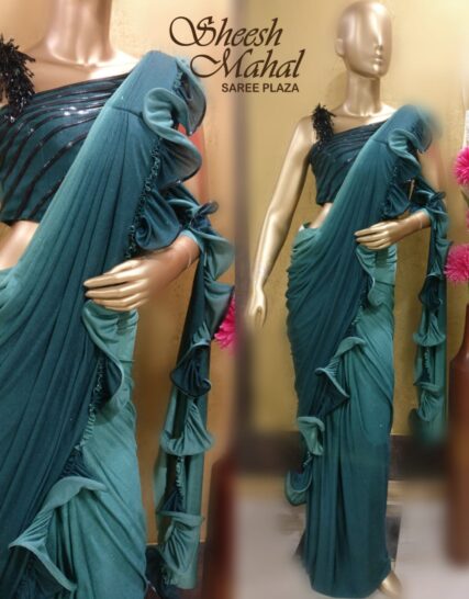 Afternoon Partywear Aqua Satin Pre-Stitched Sari Belt Readymade Blouse