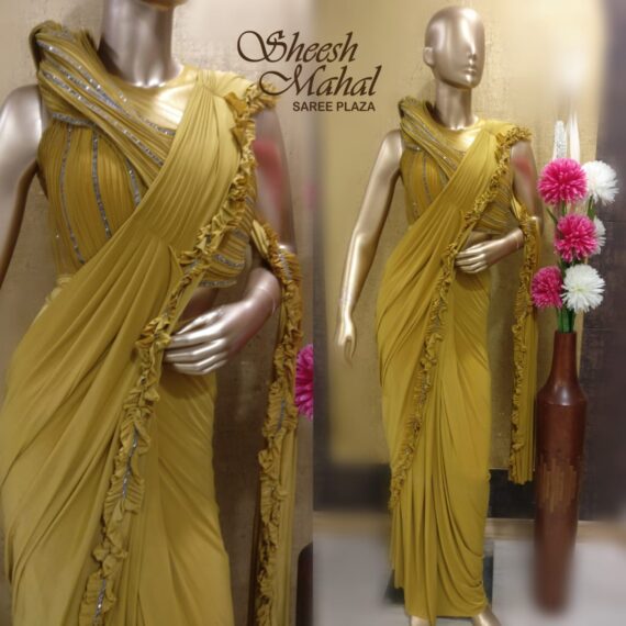 MUSTARD READY TO WEAR SAREE WITH BEAUTIFUL DESIGNER BLOUSE