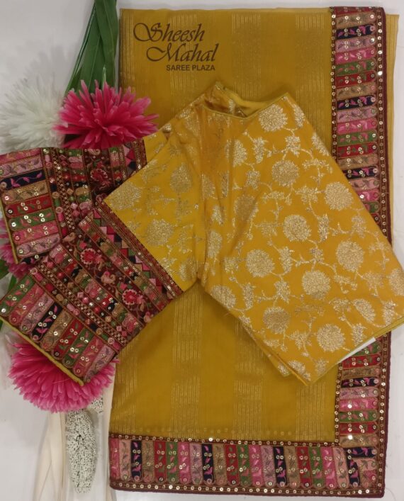 Mustard Organza Saree With Stitch Blouse