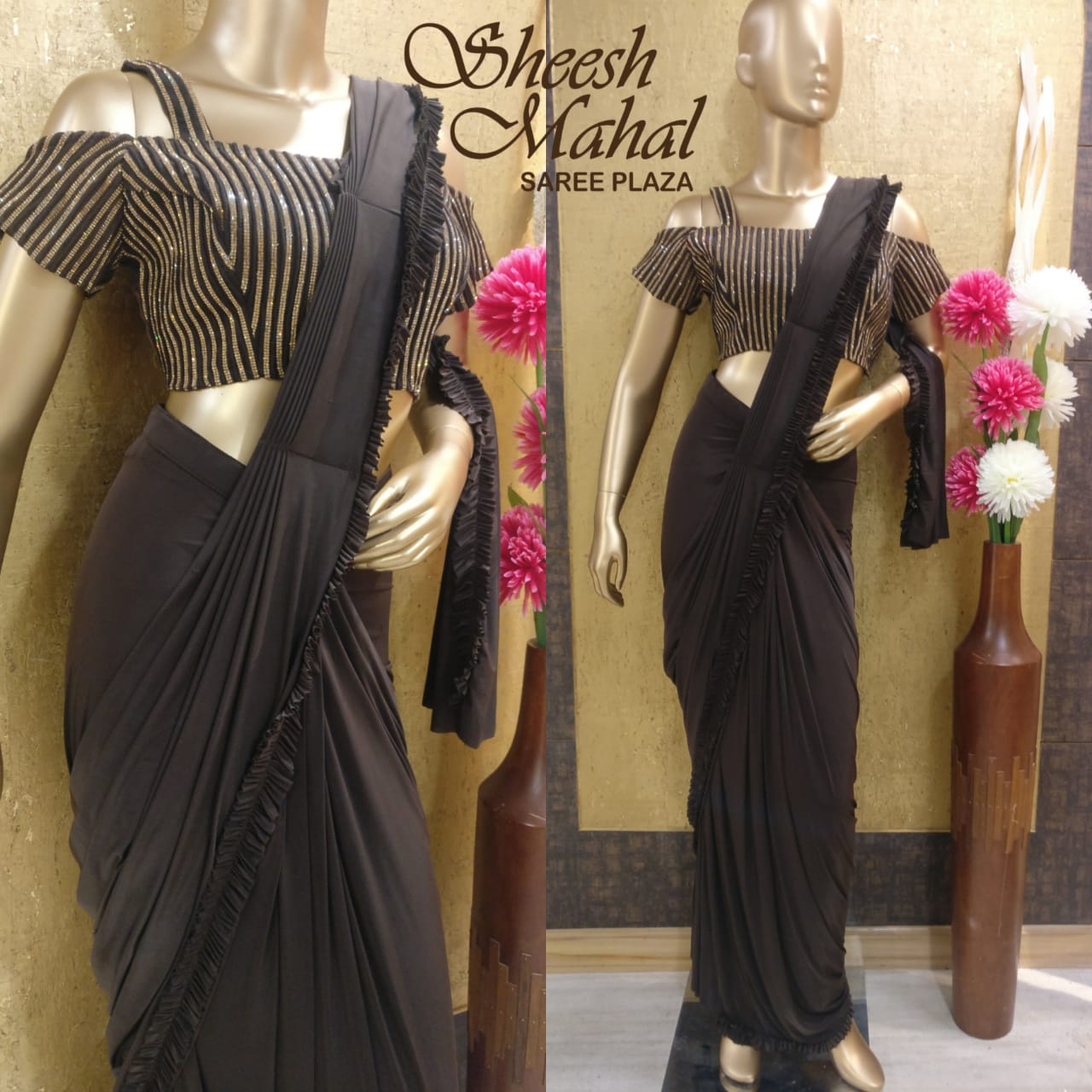 Gray Ready to Wear Saree with Shrug – Sheesh Mahal Saree Plaza