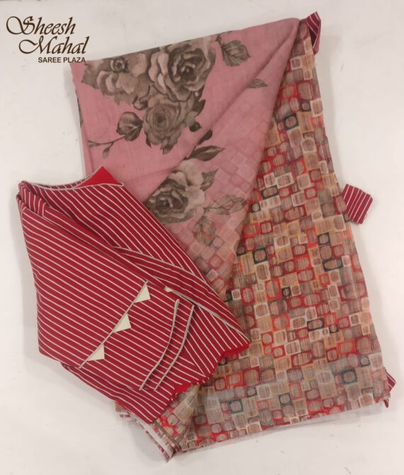 Cotton Pink Printed Saree with Stitch Blouse