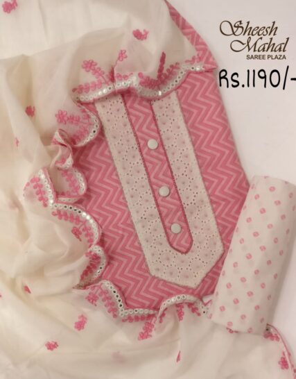 Pink & White Cotton Unstitched Suit